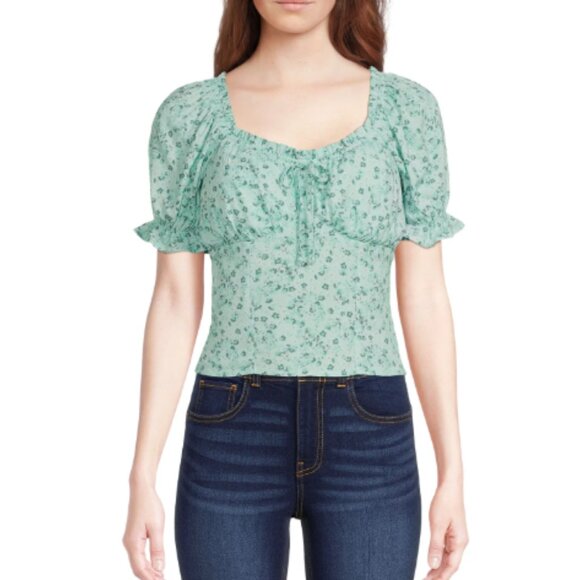 No Boundaries Juniors Print Ruffle Peasant Top with Short Sleeves - Picture 2 of 7